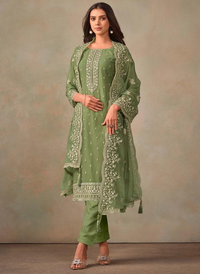 Organza Green Festival Wear Sequins Work Straight Suit